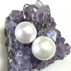 White Cultured Freshwater Pearl 12mm-13mm Sterling Silver Lever-back Earrings